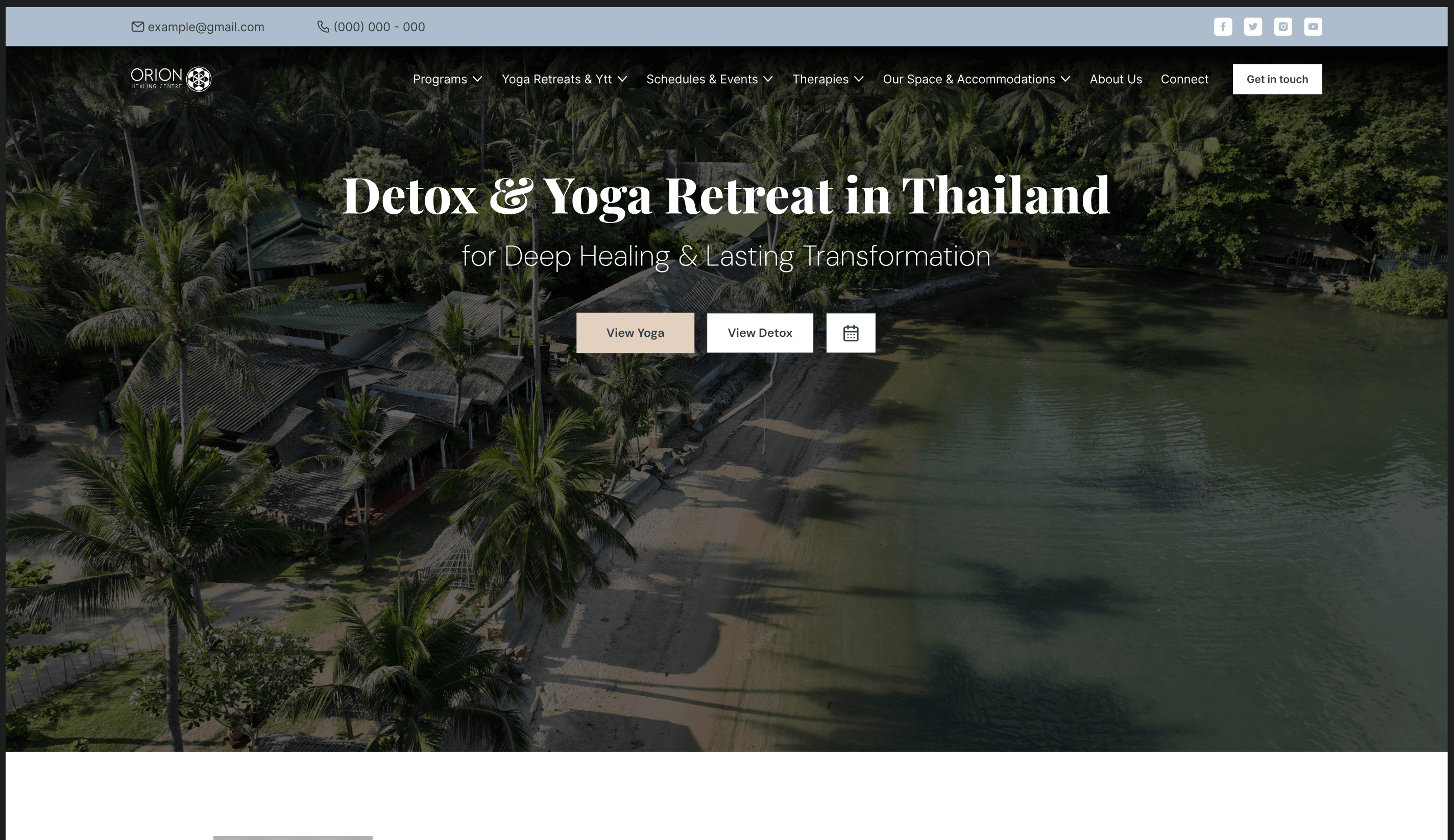 A retreat centre home page: an aerial view of the beachfront property behind the programme headline, with separate entries for yoga and detox.