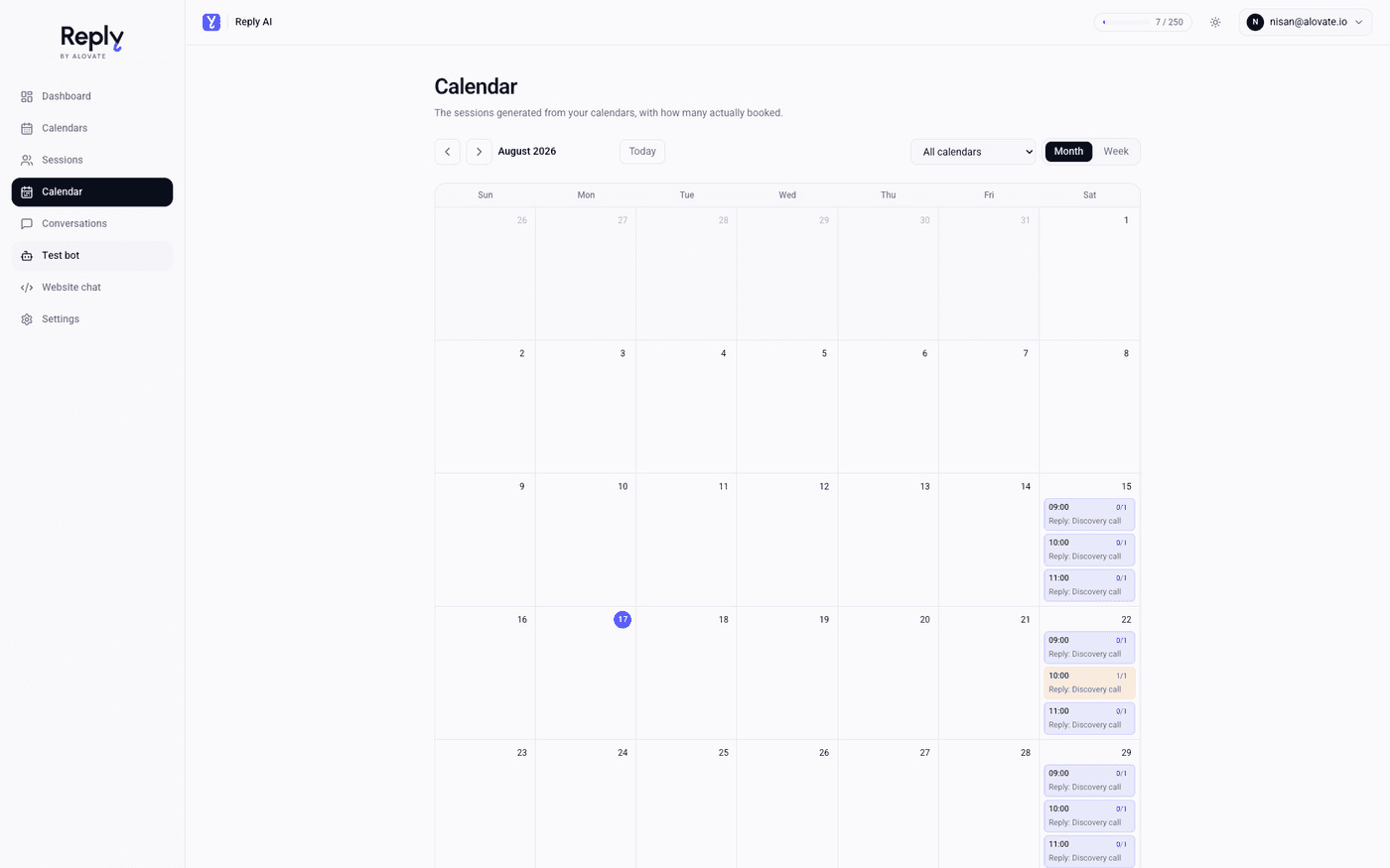 Reply calendar view for August 2026, showing generated discovery-call sessions and how many of each are booked