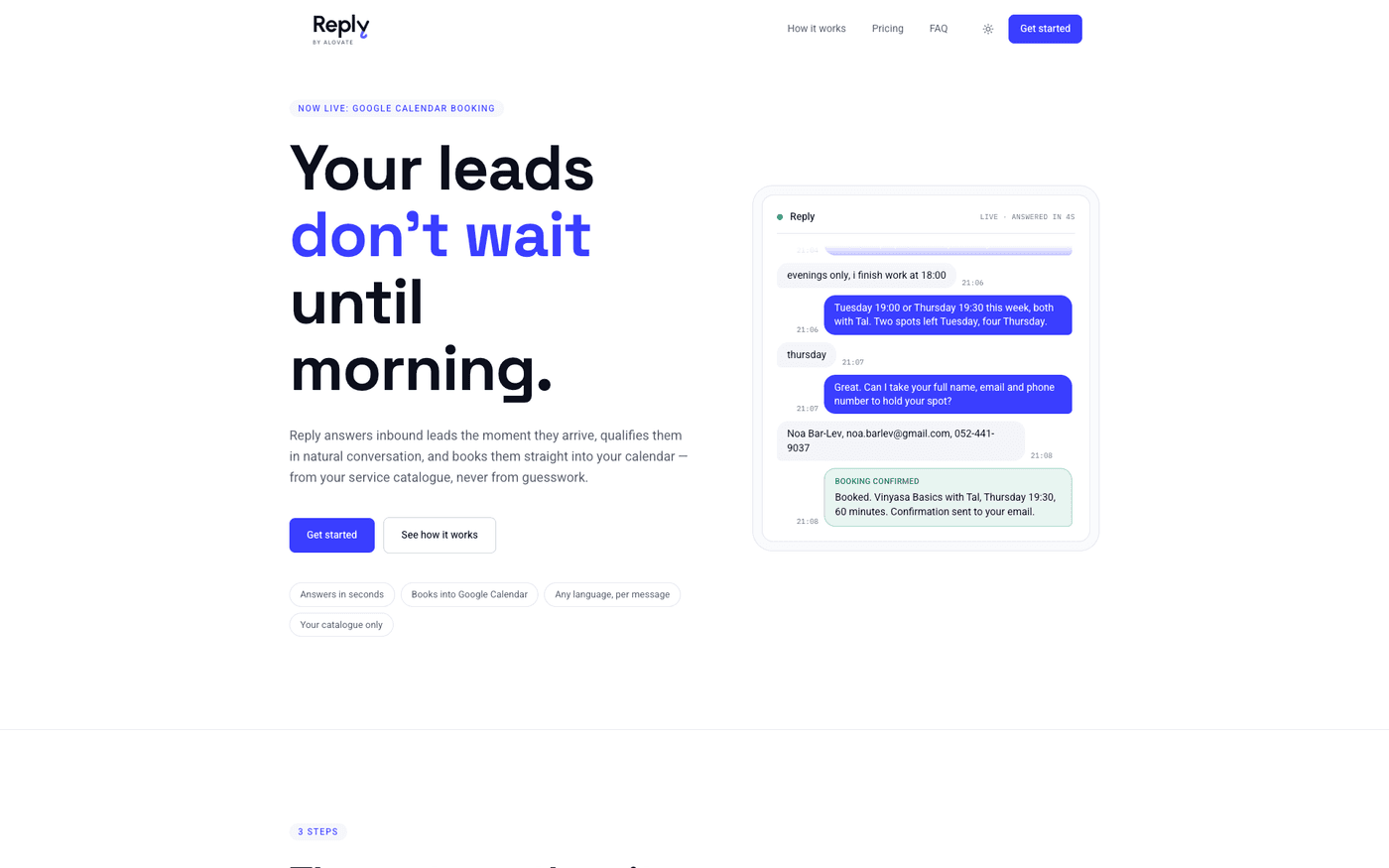 Reply marketing site hero reading “Your leads don’t wait until morning”, beside a live conversation ending in a confirmed booking
